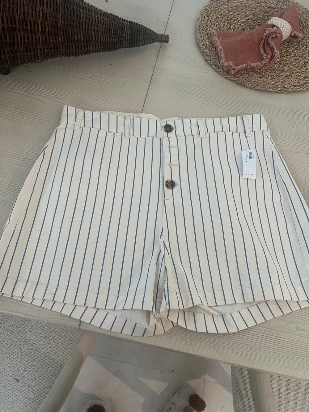 Old Navy Cream Shorts with Navy Pinstripes